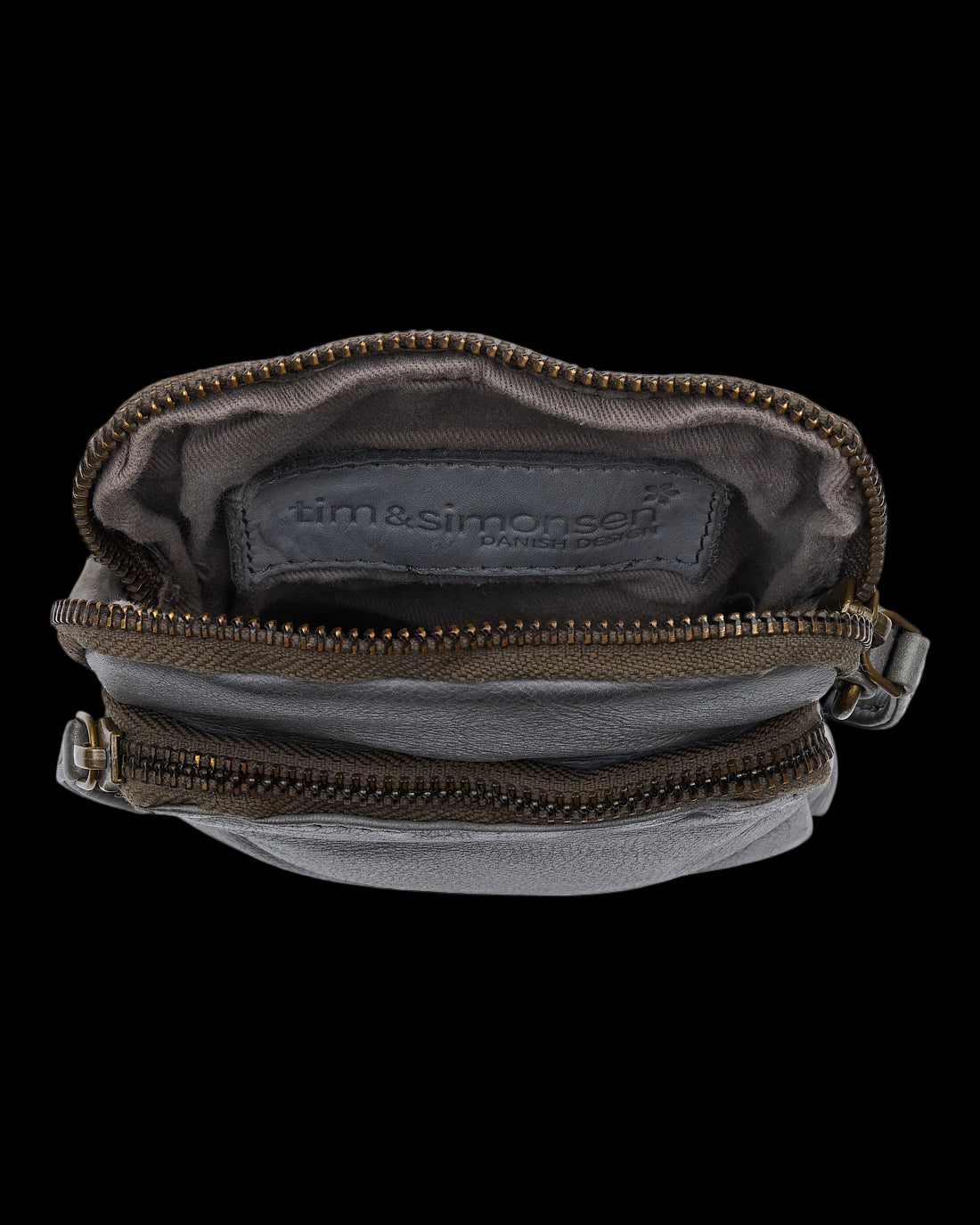 Gray pouch with a zipper and 'Tim & Simon' branding on a white background
