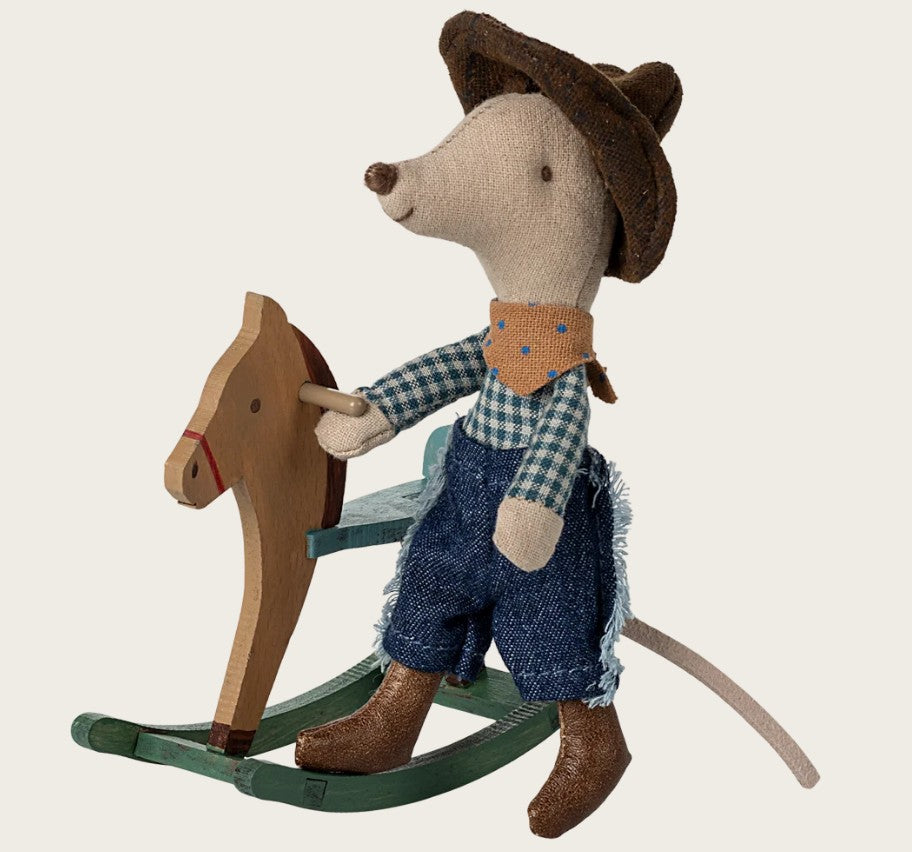 Maileg – Cowboy mouse on a rocking horse, Little brother