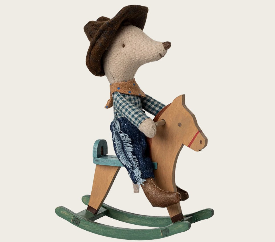 Maileg – Cowboy mouse on a rocking horse, Little brother